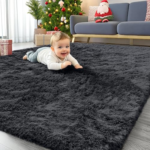 Homaxy Alfombra de Pelo Largo, Antideslizante, Parte Inferior Lavable, Alfombra Grande para salón, habitación de los niños, Dormitorio - 60 x 100 cm, Negro