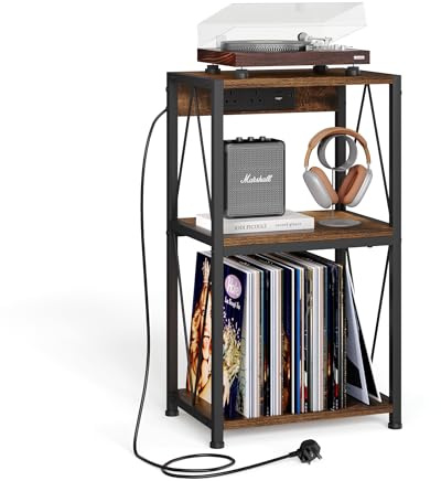 HFHOME Contenitore per dischi in vinile con stazione di ricarica, mobiletto tavolino laterale a 3 ripiani per soggiorno, tavolo con contenitore, supporto per giradischi per soggiorno, camera da letto