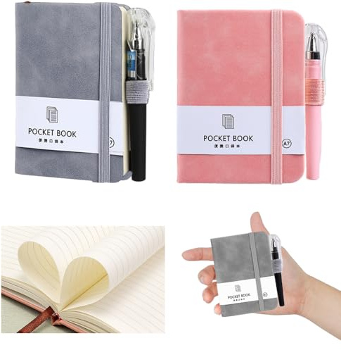 Lxtness 2 stück Notizbuch Klein Mit Stift, Hardcover A7 Notizblock Klein mit 200 Seiten, Mini Notizbuch mit Elastischem Verschlussband und Stifthalter mit Stift für Männer Frauen