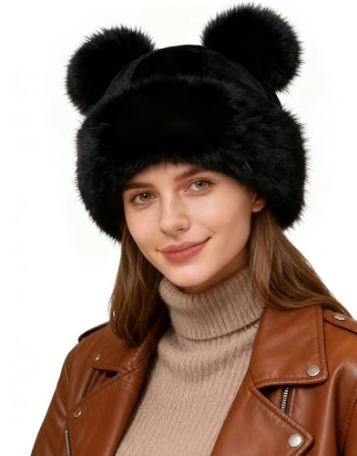 Ufgin Women's Winter Faux Fur Hat - Warm Furry Beanie with Pom Pom Fisherman Cap Casual Trendy Mongolian Hat Sports Skiing Cap(Black)