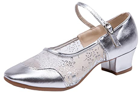 2026 Bureau Femmes Talon Moyen Boucle Maille Latine Talon Bloc Chaton Respirant Faux Cuir Entretien Invité Mariage Dames Escarpin Bout Pointu, Argenté., 38 EU