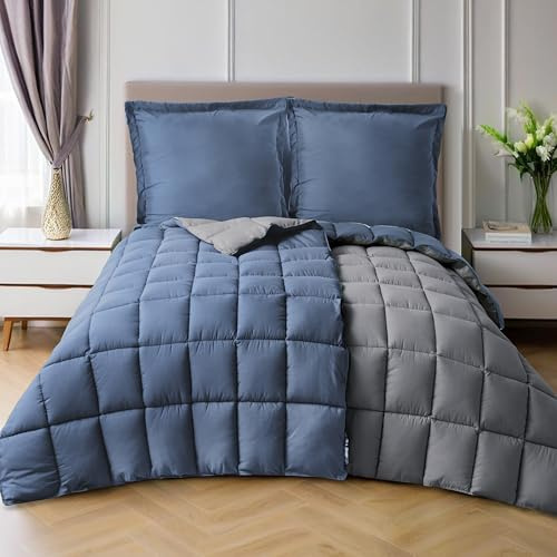 HIG Bettdecken Set 4-teilig mit 2X Steppdecke 135x200 cm und 2X Kissenbezügen 80x80 cm – Oeko-TEX zertifizierte, kastenförmig genähte Daunenalternative Sommerdecke in Blau (150 GSM)