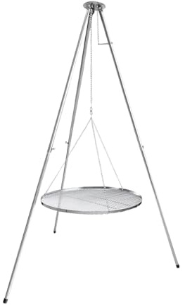HeRo24 Barbecue à trois pieds de 50 cm en acier inoxydable avec chaîne réglable en hauteur - Armature massive pour foyer, jardin, camping