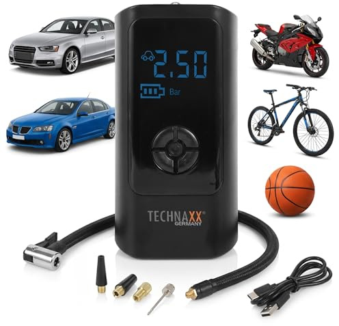 Technaxx Elektrisk Luftkompressor för Bil – Portabel Däckpump med Digital Display, Automatisk Avstängning, LED-Lampa, Batteridriven Kompressor för Bil, Motorcykel, Cykel och Bollar – TX-370