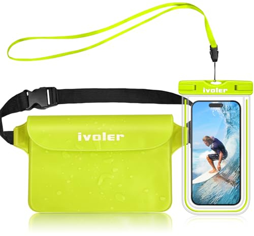 iVoler Vattentätt kit med midjeväska och smartphone-fodral IPX8 för vattensporter fiske segling skidåkning hav vandring, mobiltelefon plånbok dokumentskydd - limegrön | IPX8 vattentät kit för vattensporter fiske segling skidåkning hav vandring, mobiltelefonskydd plånbok dokument