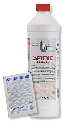 DEWEPRO-Set: SANIT RohrBombe (3066) - Flasche à 1000ml - Der alternative Rohrreiniger - säurefrei löst er Verstopfungen, insbesondere verursacht durch Haare - inkl. 1 St. DEWEPRO® Single Scrubs