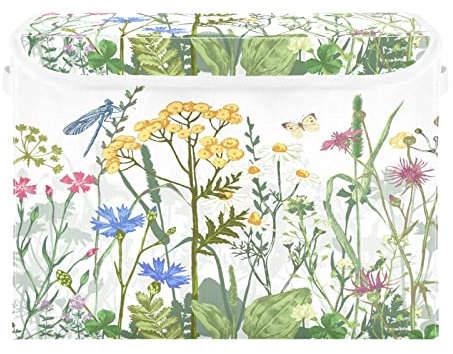 Storage Bins with Lid, Flower Herb Butterfly Dragonfly Storage Box Organizer Toys Bedroom Nursery, 16.5x12.6x11.8 Large Collapsible Storage Cube for Home Office Closet Shelf