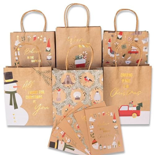 Papierdrachen Geschenktüten Weihnachten groß - 6 St. - braun mit Goldfolierung - Scandi - 22×18×8 cm - inkl. 6 Karten - Henkeltüten Geschenkverpackung