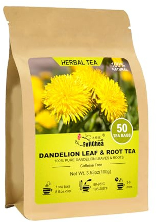 FullChea - Dandelion Leaf & Root Tea bags, 50 Teabags, 2g/bag - Natural Dandelion Herbal Tea for Liver & Kidney Health - Non-GMO - Caffeine-free - Support Digestion & Boost Immune System