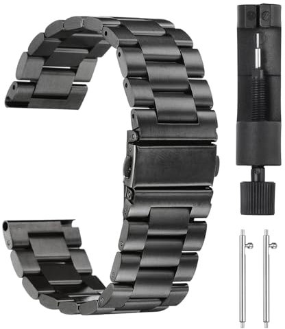 QUARKZMAN Edelstahl Ehrenarmband 24mm Metall Uhrenarmbänder Schmetterlingsverschluss Schnellverschluss Solide Stahlkette Ersatzarmband mit Adapter für Smartwatch Herren Damen, Schwarz