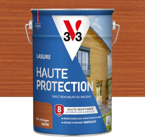 V33 Lasure Bois extérieur Pin d'orégon satin - Haute Protection 8 ans - Haute résistance hydrofuge et anti-UV - Résiste aux variations du bois - Ecolabel, résine d'origine végétale - 5L