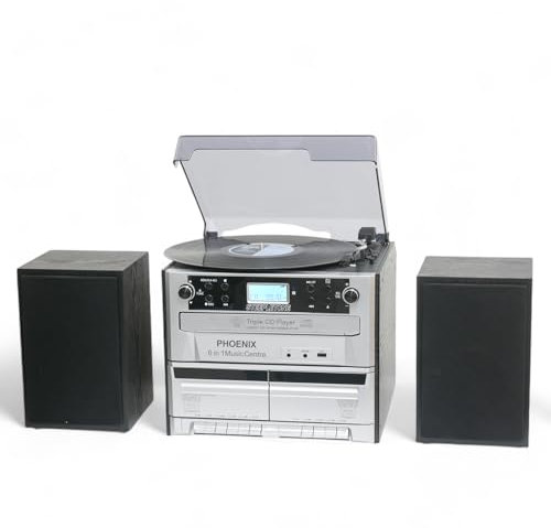 Steepletone PHOENIX 6 in 1 Music Centre High Speaker Volume, Triple CD Player, Vinyl Record Player, Twin Cassette, FM Radio and Bluetooth, MP3 playback Encoding, Remote Control, Stereo Speakers