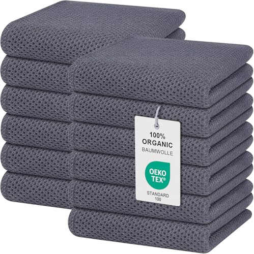 Moosfor Geschirrtücher 100% Baumwolle, 12er Set 32 x 72 cm, Weiche Geschirrhandtücher Küchenhandtücher Saugfähig Küchentücher Dicke Premium Geschirrtuch Spüllappen Putzlappen, Dunkelgrau