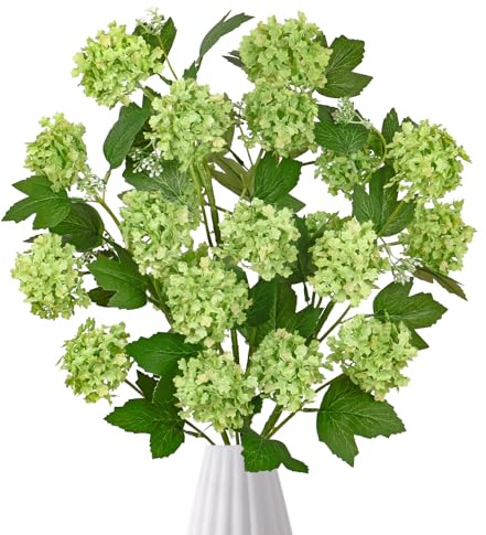DEMIUKO 4PCS Artificial Hydrangea Green Flowers Tall Branches Fake Spring Flowers Silk Foliage Greenery Branches Leaves Stems Indoor Outdoor Plants Decor for Floor Vase Wedding Table Centerpieces