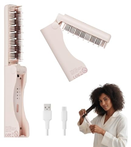 MAVIÉ Cordless Hair Straightener Brush, Portable Mini Straightening Brush with Ceramic Plates & 3 Heat Settings, Fast Heating & Rechargeable, Folding Comb for Travel, Great for Smoothing Frizzy Hair