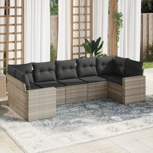 Runheo Salon de Jardin 7 pièces Gris Clair en résine tressée avec Coussins modulables, siège d’Angle, Banquette, accoudoir, Dossier pour terrasse Balcon extérieur Patio véranda