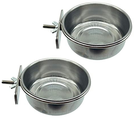 2 Pack Bird Feeding Dish Cups, Parrot Food Bowl Clamp Holder - Stainless Steel Coop Cup, Bird Cage Water Bowl for Parakeet African Greys Conure Cockatiels Lovebird Budgie Chinchilla