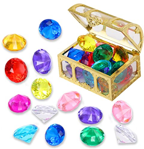 XIJUAN Diving gem Pool Toys Sand Toys,14 Color Diamond Treasure Chest Summer Swimming gems Pirate Diving Toy Set Underwater Swimming toyChildren's Game Gifts for Boys and Girls(Golden)