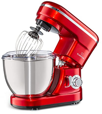 Klarstein Bella Küchenmaschine - Knetmaschine mit 6 Geschwindigkeitsstufen, Rührmaschne aus Edelstahl, Pulsfunktion, planetarischen Rührsystem, 3 Rühraufsätze, 1200 W Leistung, rot, TK2-Bellaminired
