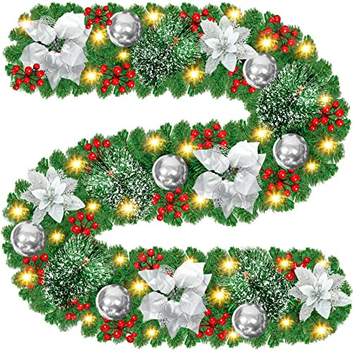Ghirlanda di Natale Decorazioni, 2.7m Ghirlanda Natalizia con Luci a LED, Ghirlanda di Natale Artificiale, per Camini,Scale,Decorazioni dell'albero di Natale - D'argento