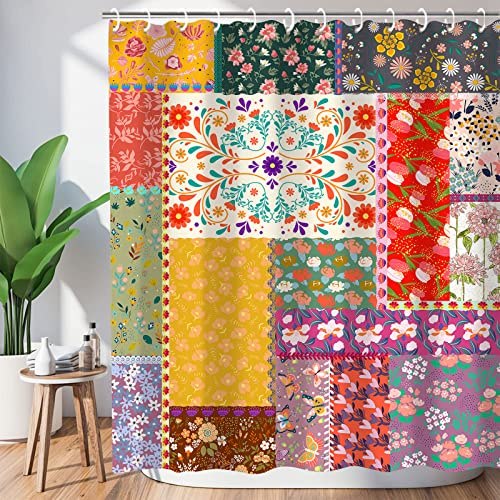 Metawu Patchwork Boho Shower Curtain Sets Vintage Bohemian Shower Curtains Colorful Stitching Floral Fabric Shower Curtain Washable Waterproof Bathtubs Bathroom Accessories 72×72 with 12 Hooks