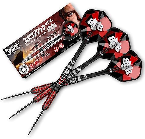 Shot! Steel Darts | Michael Smith | Bully Boy | Defiant | 90% Tungsten Steeltip Darts | Steeldart | Hochwertige Tungsten Dartpfeile Set mit Schäften und Flights | Made in Neuseeland | 24 Gramm