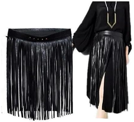 Ladies Long Tassel Black PU Leather Skirt - Gypsy Style for Women - Punk Fringe Belt for Bikini Club Party - Women and Girls