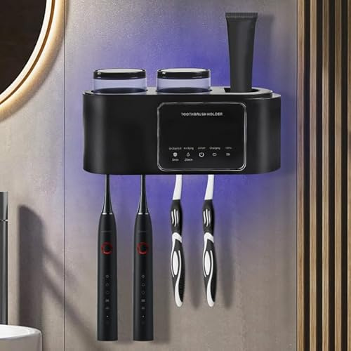 Porta Cepillo de Diente,Soporte para Cepillo De Dientes de Pared con Función Esterilizador,Soporte Cepillos Electricos y Compartimento de Almacenamiento,4 Ranuras para Cepillos,2 Tazas (Negro)