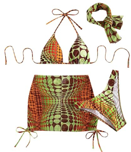 Women Bikini Set Digital Polka Dot Triangle Bra High Cut Bikini Bottoms Skirt Scarf 4 Piece Beach Swimsuit Bikini Fringe, yellow, M