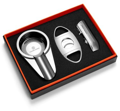 CIGARLOONG Cigar 3 Pieces Set,Stainless Steel Cigar Cutter, Windproof Lighter with Sharp Cigar Punch,Metal Cigar Ashtray Cigar Accessories Tool with Gift Box Package,Without Gas(Silver)