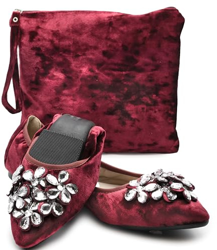 Silky Toes Foldable Flats for Women | Dressy Comfortable Pointed Toe Shoes for Weddings, Events & Travel (Burgundy, 7)