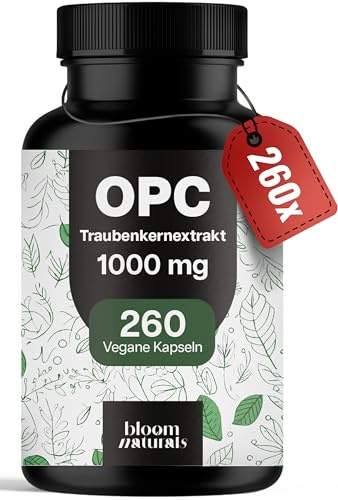 OPC Traubenkernextrakt Hochdosiert - 260 Kapseln mit 75% reinem O.P.C je 1000 mg pro 2 Kapseln - Vegan & Produziert in Deutschland - Verpackung kann variieren