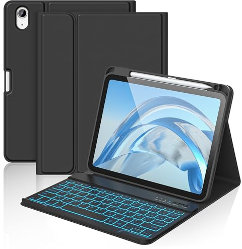 aMZCaSE pour iPad A16 10/11e génération avec Clavier 11/10,9 Pouces(2025/2022),Clavier sans Fil Amovible avec rétroéclairage 7 Couleurs et Support pour Stylet (Obscurité)