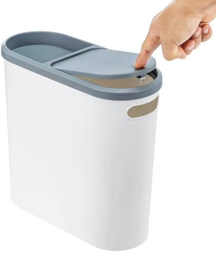JF HOME BLISS Narrow Slimline Waste Bin 10L Compact Plastic Trash Can with Lid – Heavy-Duty Rubbish Bin for Bathroom, Toilet, Kitchen, Bedroom, Office Dustbin, White