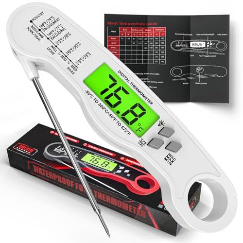 AWLKIM Digital Meat Thermometer Instant Read Food Probe for BBQ | Waterproof IP67 Backlit Digital Food Probe, 2-3 Sec Instant Read for Grill BBQ Oven Candy Baking - White