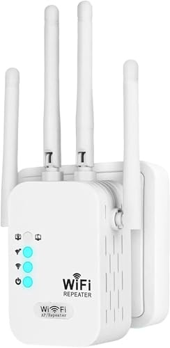 WiFi-repeater, 1 200 Mbps 5 GHz & 2,4 GHz dubbelband wifi-förstärkare, Wi-FI Extender Repeater med 4 antenner, ethernet Gigabit-port, wifi-repeterare, kompatibel med alla internetboxar