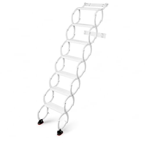 Escalera plegable extensible montada en la pared, 7 peldaños, acero de alto manganeso, capacidad de carga de hasta 200 kg, tamaño plegable que ahorra espacio, 42 x 36 x 47 cm, para ático y garaje