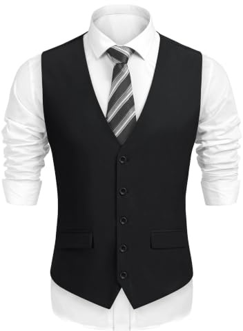 COOFANDY Men's Business Suit Vest,Slim Fit Formal Skinny Wedding Waistcoat,Black,Medium