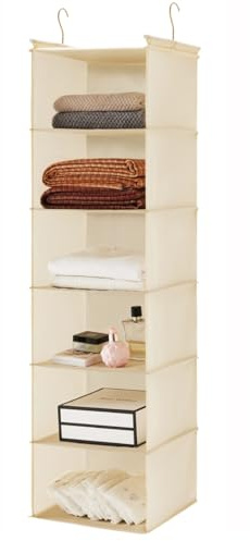 MAX Houser 6 Tier Shelf Hanging Closet Organizer, Cloth Hanging Shelf with 2 Sturdy Hooks for Storage, Foldable (Beige)