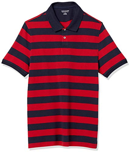 Amazon Essentials Polo de Piqué de Algodón de Ajuste Entallado Hombre, Azul Marino Rojo Raya de Rugby, S