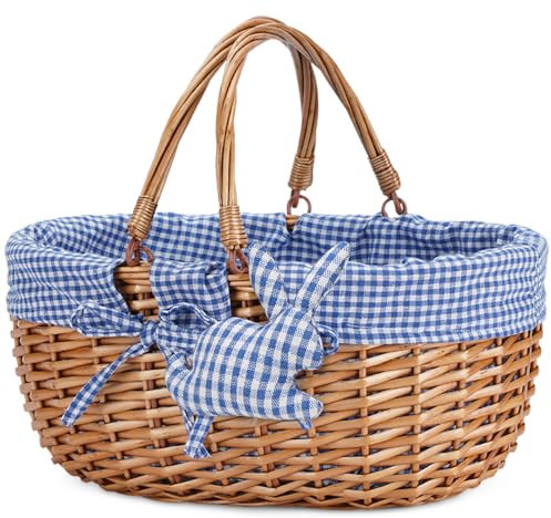 G Good GAIN Weiden-Picknickkorb mit Doppelten, Faltbaren Griffen, Weiden-Picknickkorb, Handgewebter Osterkorb, Ostereier und Süßigkeitenkorb, Aufbewahrungskorb, Geschenkverpackung, Blau