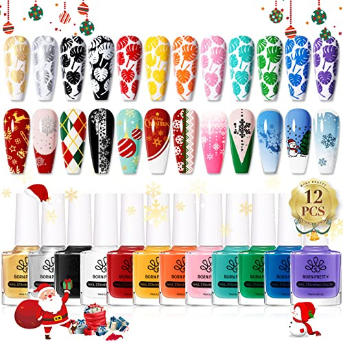 BORN PRETTY 12 Couleurs Vernis à Ongles Stamping pour Nail Art Ensemble Couleur Bonbon Manucure Plaque Impression Laque Vernis à ongles Kit de Manucure Nail Art Cadeaux Beauté Pour Femmes