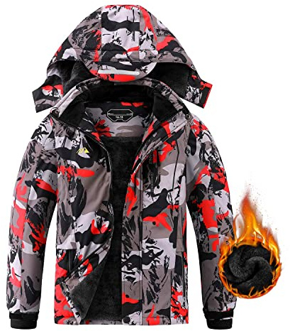 AFILOK Boy's Big Kid Ski Jacket Waterproof Breathable Kids Fleece Lined Windproof Hooded Snowboard Coats(red camouflage 8-9