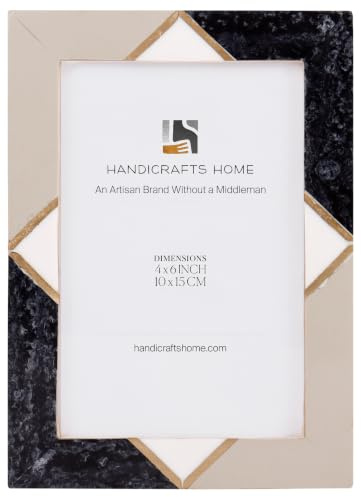 Handicrafts Home Handmade Resin Inlay & Brass Grey White Picture Frame, 6x4 | Tabletop or Wall Display, Portrait & Landscape Orientation, Modern Neutral Home & Office Shelf Decor, Handmade Christmas Gift