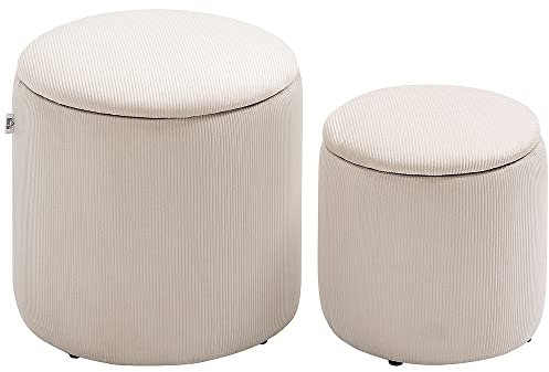 HOMCOM Set of 2 Round Ottoman with Storage, Fabric Vanity Stool for Makeup, Footrest Stool with Removable Lid for Living Room & Bedroom, Cream White