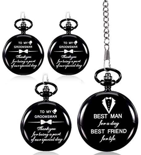 Yewkit 4 Pcs Groomsman Gifts for Wedding Groomsmen Engraved Pocket Watch Best Man Proposal Gifts Roman Numerals Quartz Pocket Watch Wedding Gifts with Chain for Groomsman Best Man