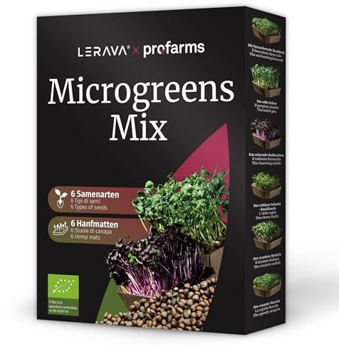 LERAVA® x Profarms - Kit de Microgreens à Cultiver Soi-même [BIO] - Graines à Germer Bio - Cresson, Radis, Brocoli, Roquette, Radis & Pois - Nutritif, Sain & Durable avec 6 Tapis de Chanvre