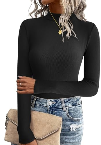 Zeagoo Jersey de Punto de Manga Larga para Mujer Tops con Cuello Alto Jersey Ajustado Tops elásticos Color Sólido Sudadera Tops básicos Camisas Negro S