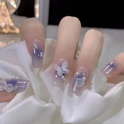 Boloshine 24 PCS Unghie Finte Quadrata Medio Lunghezza, Press on Nails in Acrilico Farfalle Che Volano Tra i Fiori, Copertura Completa Artificiali Unghie per Donne e Ragazze Manicure Fai Da Te