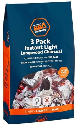 Instant Light Lumpwood Charcoal 3 Pack - Extra Value Pack. Simply Light The Bag. Clean Hands No Firelighters.